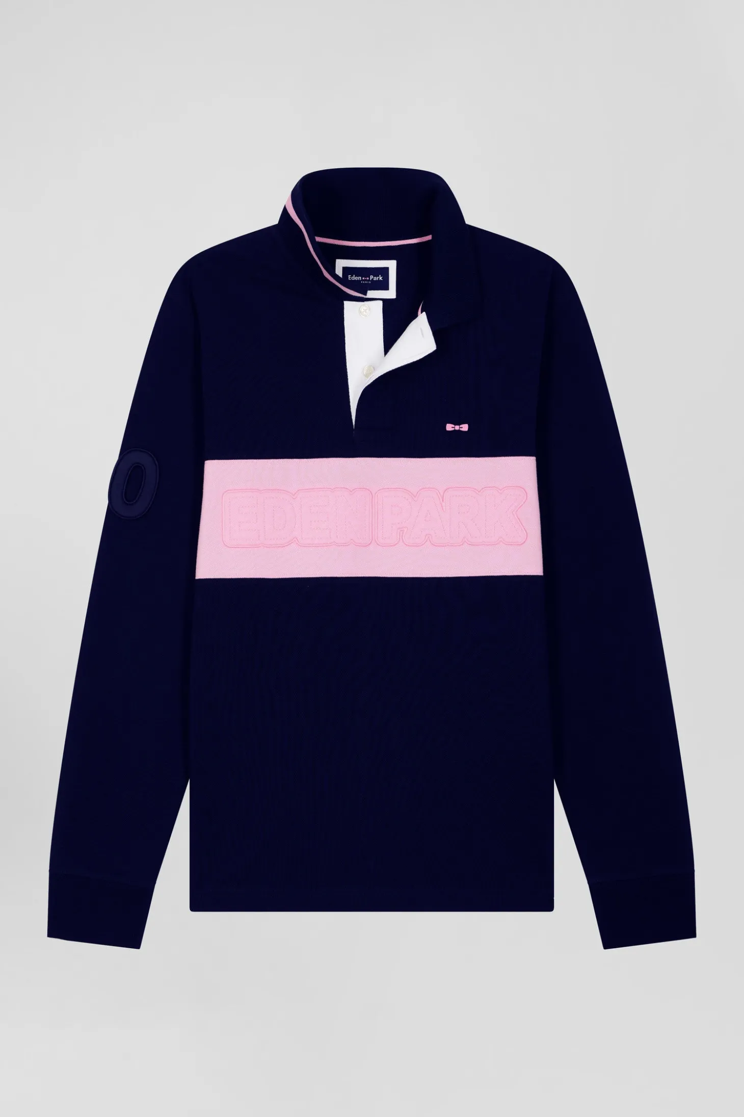 Polo manches longues en piqué coton bleu marine broderie matelassée coupe Regular
