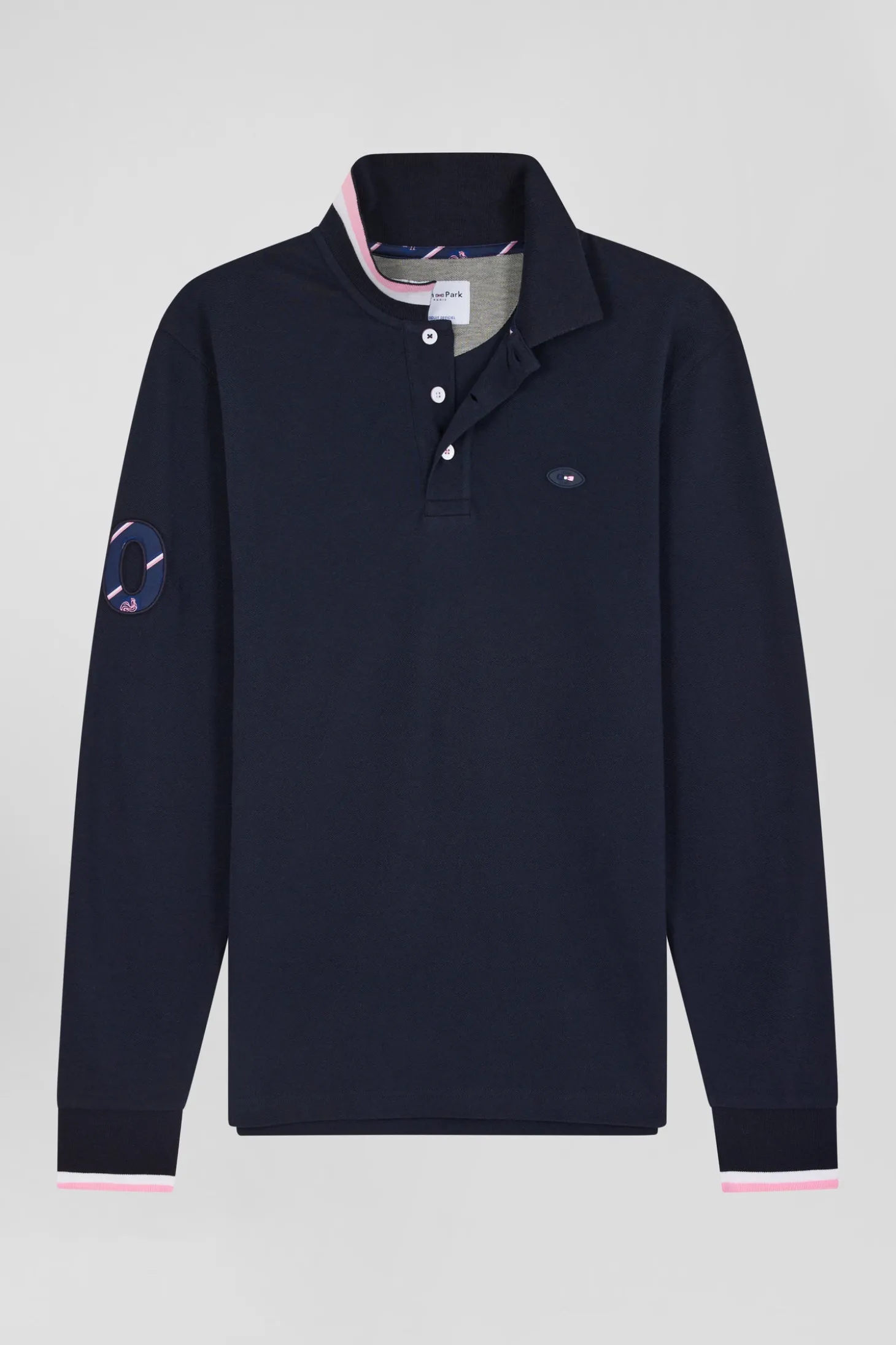 Polo manches longues en piqué coton bleu marine broderie XV de France coupe Regular