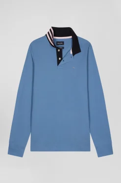 Polo manches longues en piqué coton ciel col cerclé coupe Regular