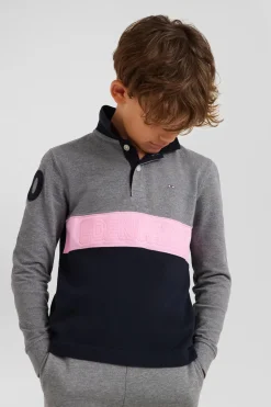 Polo manches longues en piqué coton gris bande rose et broderie 10 coupe Regular