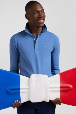 Polo manches longues en piqué coton bleu coupe Slim