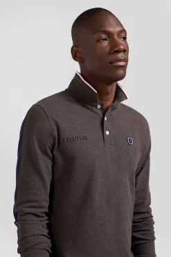 Polo manches longues en piqué coton marron détails tricolores coupe Regular