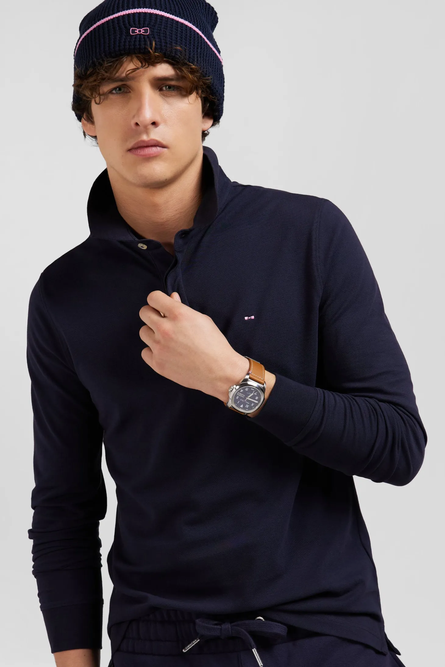 Polo manches longues en piqué coton bleu marine coupe Slim
