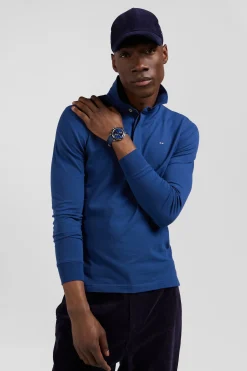 Polo manches longues en piqué coton bleu foncé coupe Slim