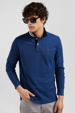 Polo manches longues en piqué coton bleu foncé col cerclé coupe Regular