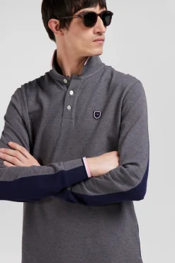 Polo manches longues en piqué coton gris détails tricolores coupe Regular