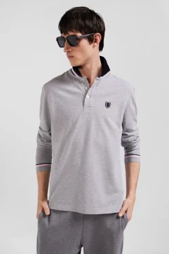 Polo manches longues en piqué coton gris écusson gomme coupe Regular