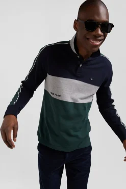 Polo manches longues en piqué coton vert chiné coupe Regular