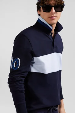 Polo manches longues en piqué coton ciel broderie 10 manche coupe Regular