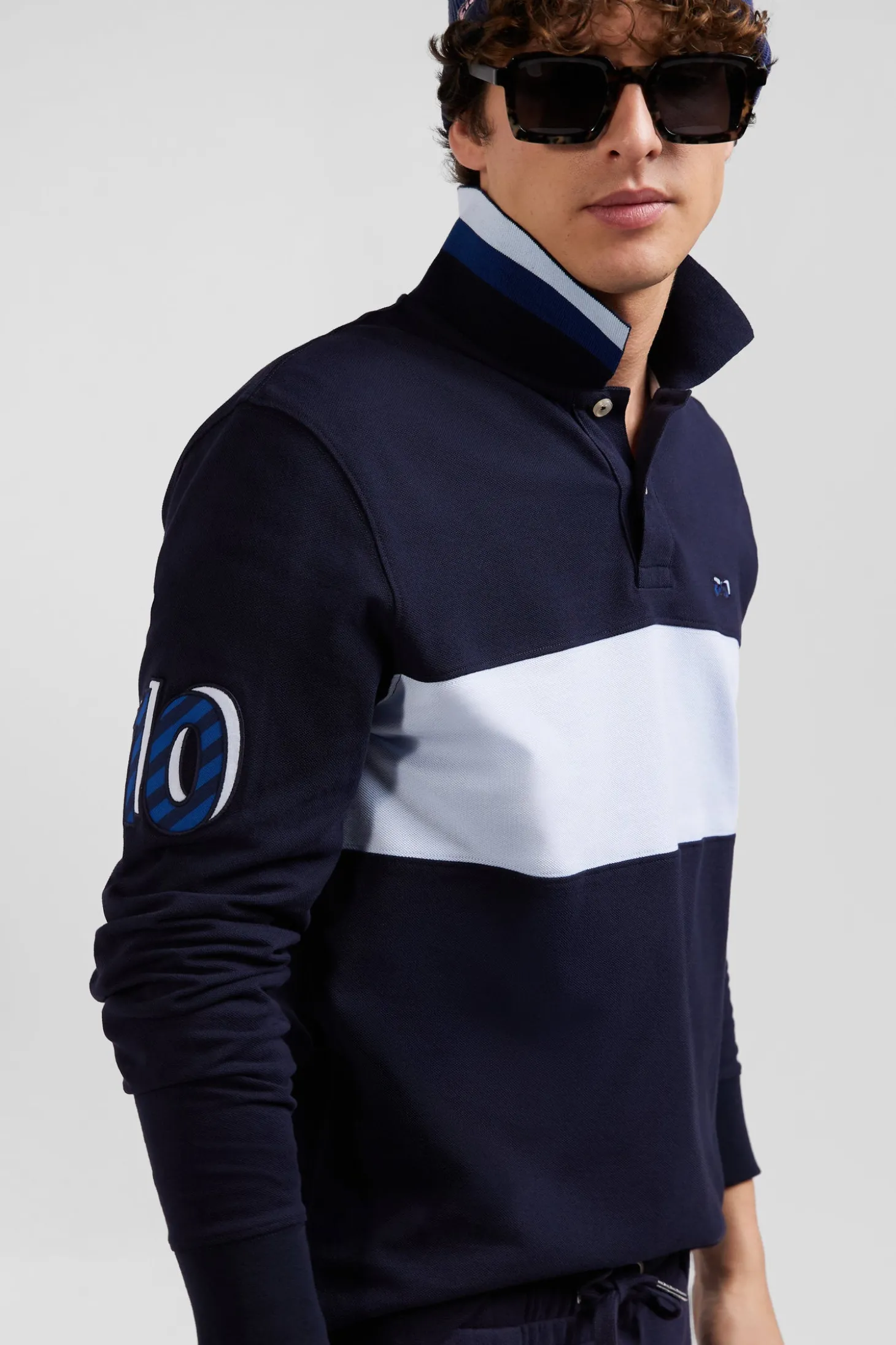 Polo manches longues en piqué coton ciel broderie 10 manche coupe Regular