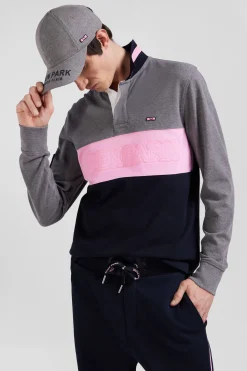 Polo manches longues en piqué coton gris broderie matelassée coupe Regular