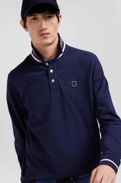 Polo manches longues en piqué coton bleu marine écusson gomme coupe Regular