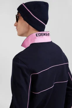 Polo manches longues en piqué coton marine passepoil rose coupe Regular