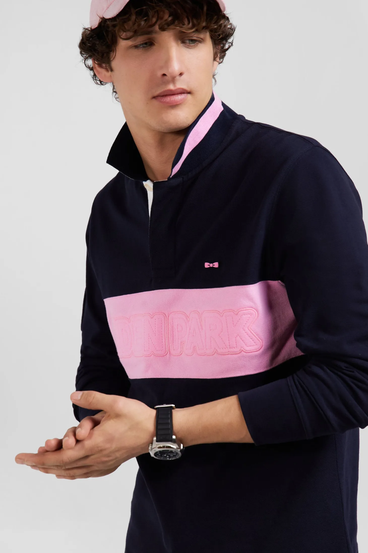 Polo manches longues en piqué coton bleu marine broderie matelassée coupe Regular