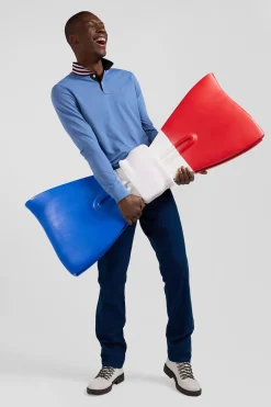 Polo manches longues en piqué coton ciel col cerclé coupe Regular
