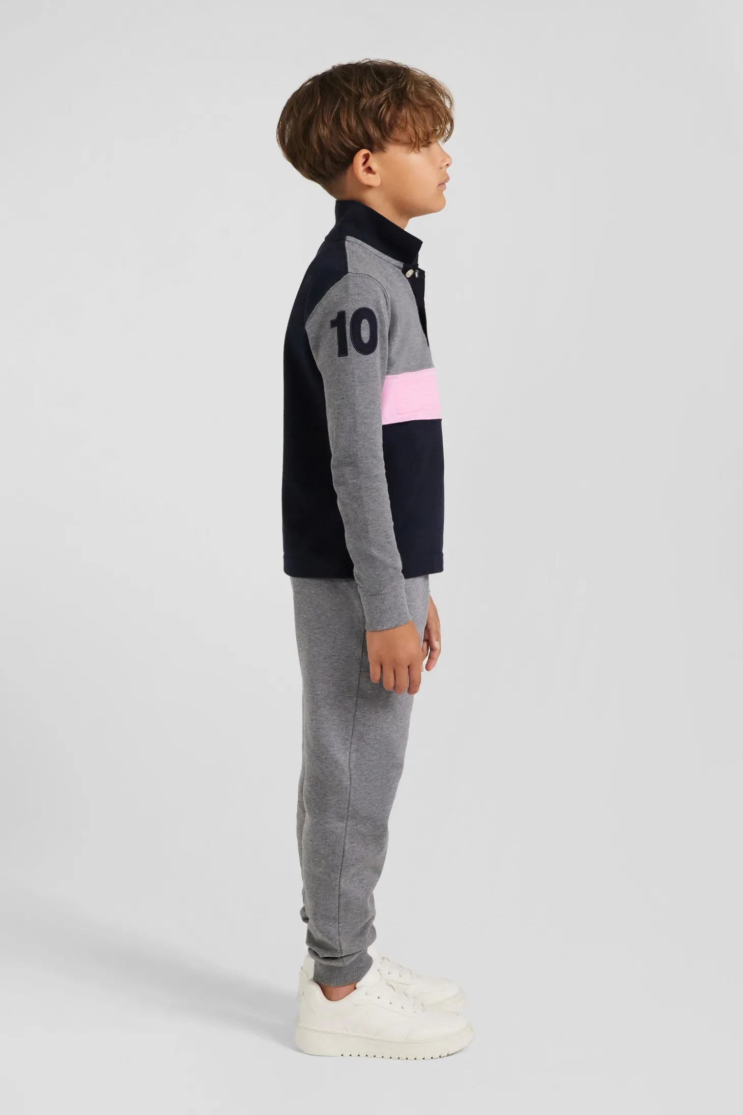 Polo manches longues en piqué coton gris bande rose et broderie 10 coupe Regular