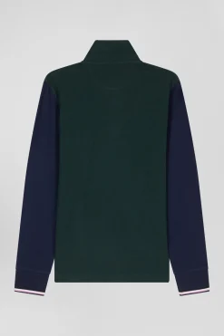 Polo manches longues en piqué coton vert col jacquard écusson gomme coupe Regular