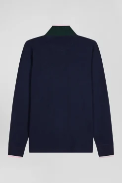 Polo manches longues en piqué coton vert détails tricolores coupe Regular