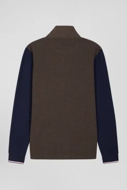 Polo manches longues en piqué coton marron col jacquard écusson gomme coupe Regular