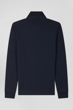 Polo manches longues en piqué coton bleu marine coupe Slim