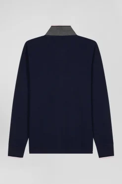 Polo manches longues en piqué coton gris détails tricolores coupe Regular