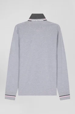 Polo manches longues en piqué coton gris écusson gomme coupe Regular
