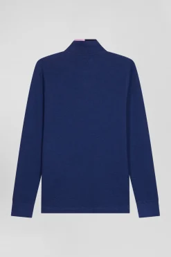 Polo manches longues en piqué coton bleu marine détails roses coupe Regular