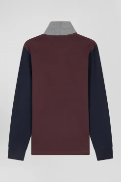 Polo manches longues en piqué coton bicolore bordeaux col jacquard coupe Regular