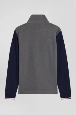 Polo manches longues en piqué coton gris col jacquard écusson gomme coupe Regular