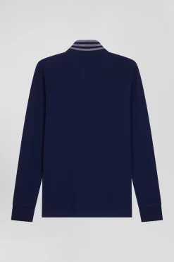 Polo manches longues en piqué coton bleu marine
