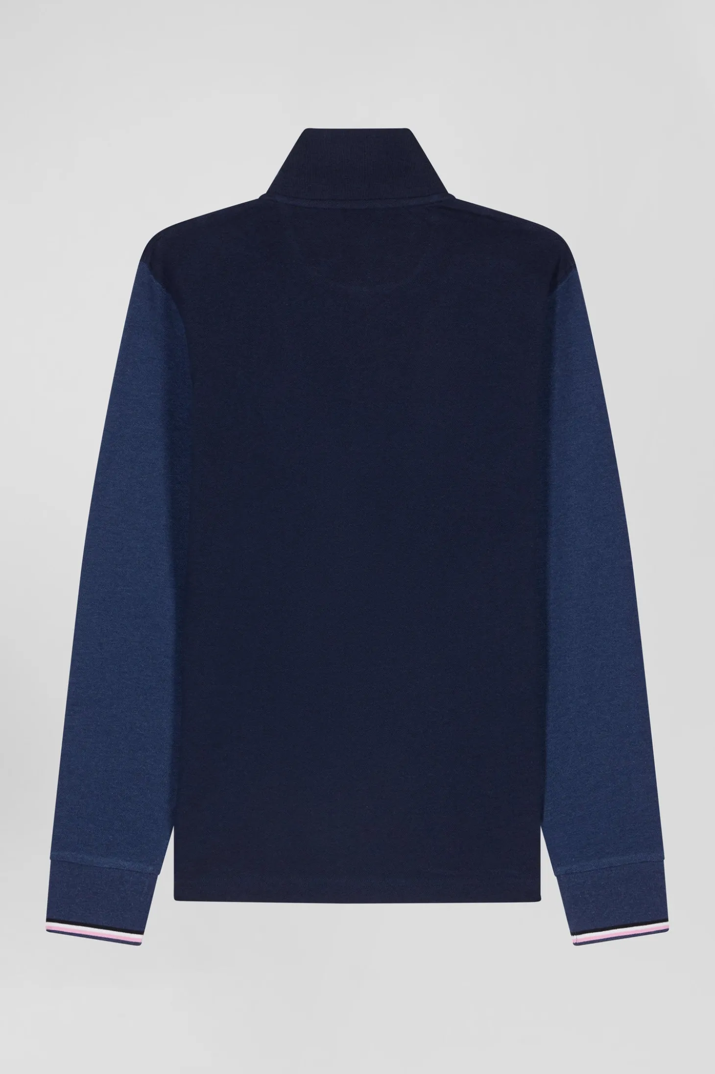 Polo manches longues en piqué coton bleu marine col jacquard écusson gomme coupe Regular