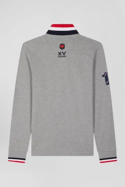 Polo manches longues en piqué coton gris broderie XV de France coupe Regular