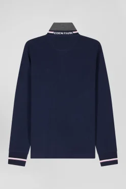 Polo manches longues en piqué coton bleu marine écusson gomme coupe Regular