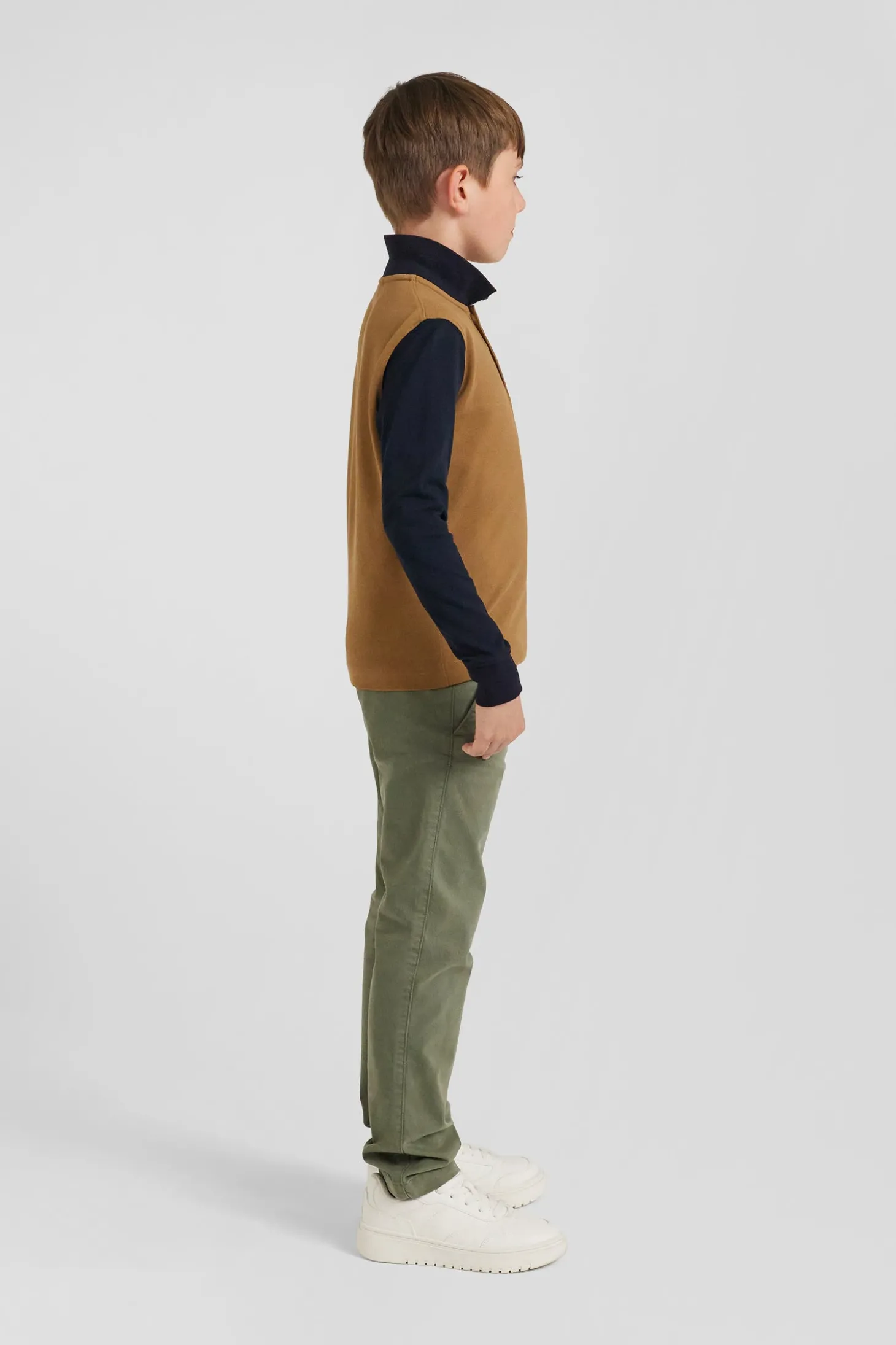 Polo manches longues en piqué coton camel col tricolore jacquard Eden Park coupe Regular
