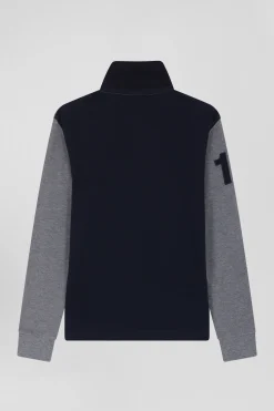 Polo manches longues en piqué coton gris bande rose et broderie 10 coupe Regular