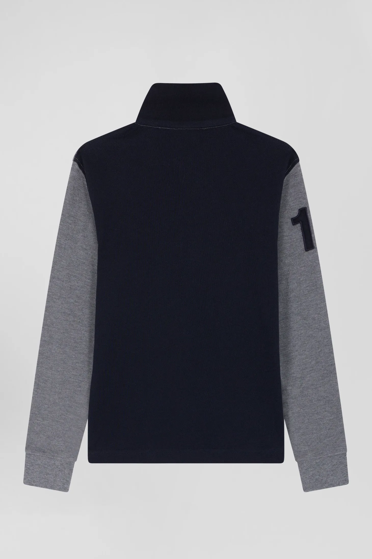 Polo manches longues en piqué coton gris bande rose et broderie 10 coupe Regular