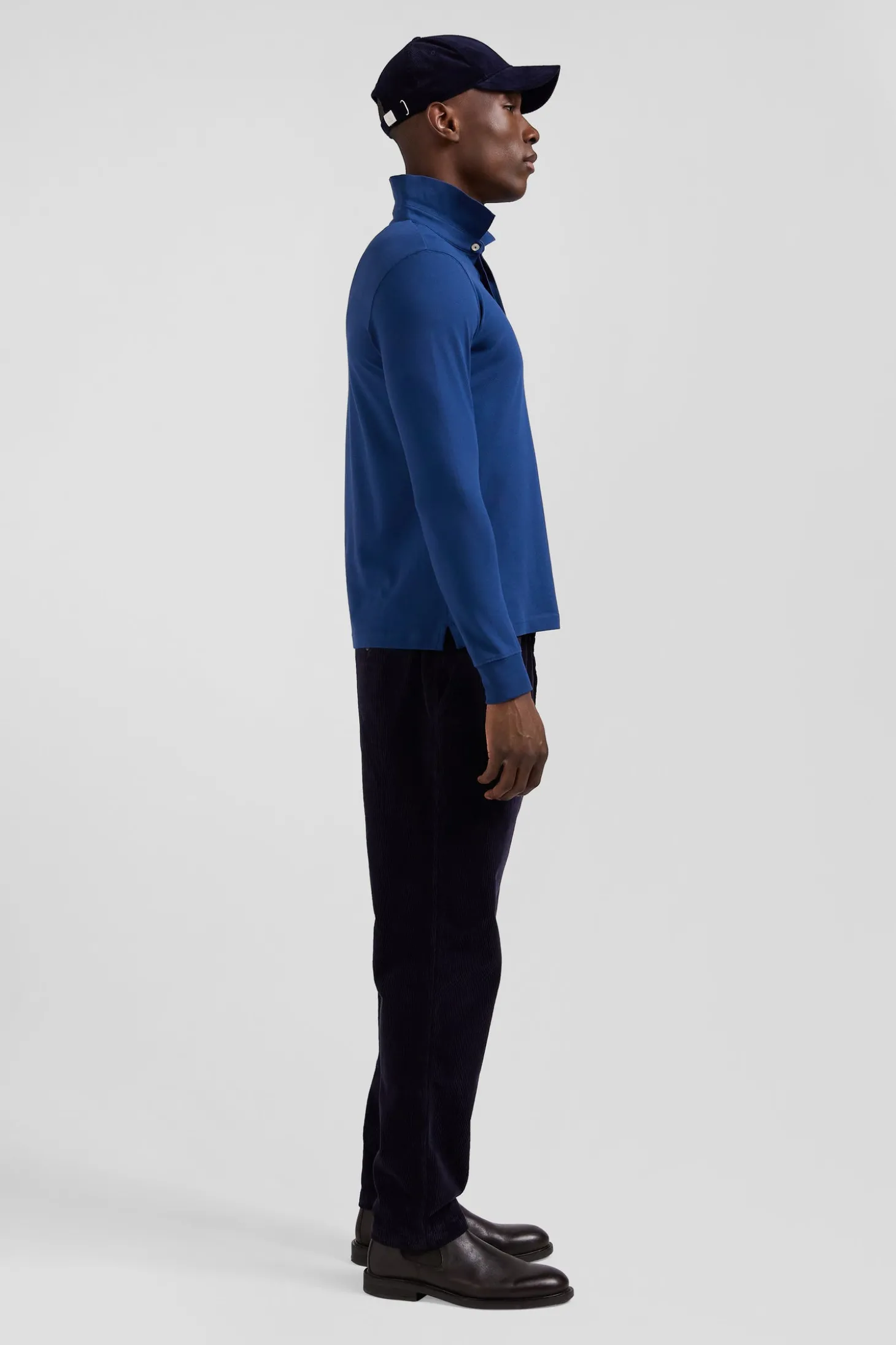 Polo manches longues en piqué coton bleu foncé coupe Slim