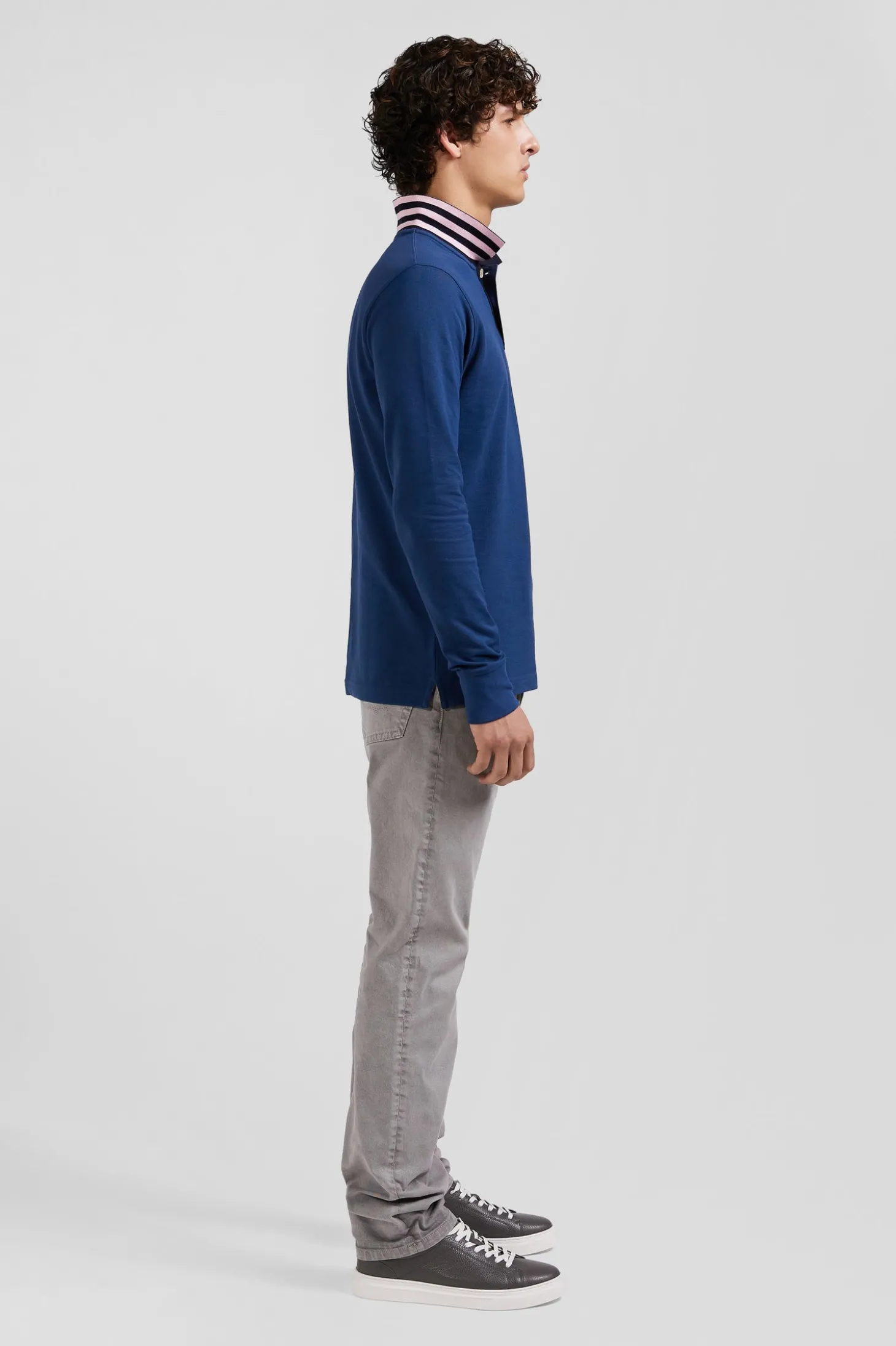 Polo manches longues en piqué coton bleu foncé col cerclé coupe Regular