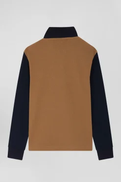 Polo manches longues en piqué coton camel col tricolore jacquard Eden Park coupe Regular