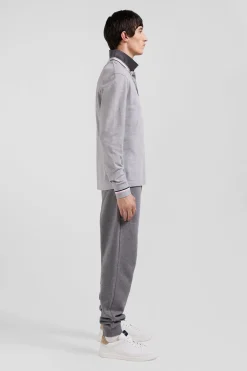 Polo manches longues en piqué coton gris écusson gomme coupe Regular