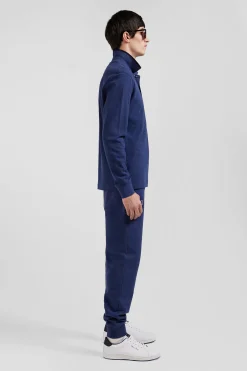 Polo manches longues en piqué coton bleu marine détails roses coupe Regular