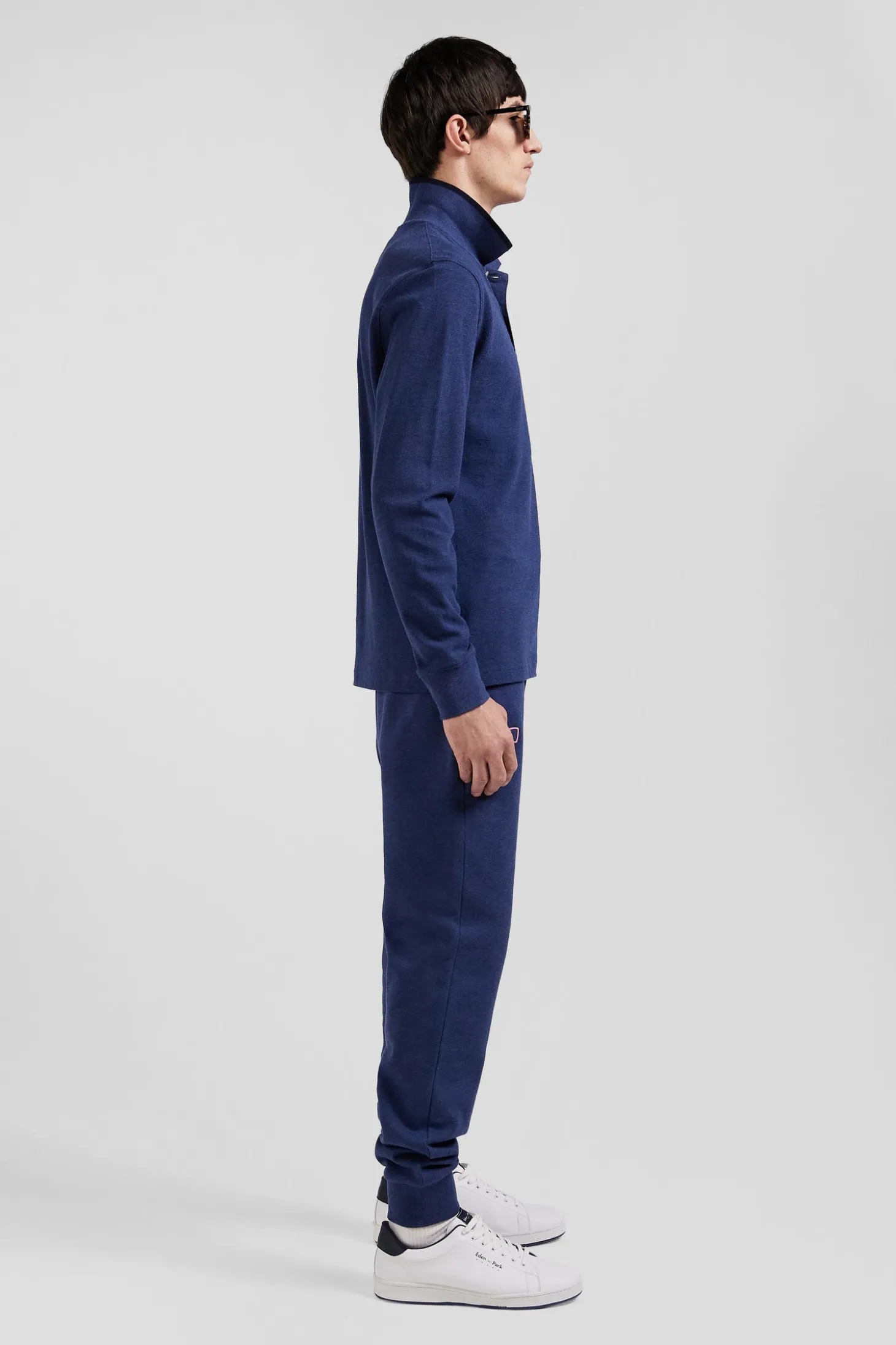Polo manches longues en piqué coton bleu marine détails roses coupe Regular