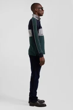 Polo manches longues en piqué coton vert chiné coupe Regular