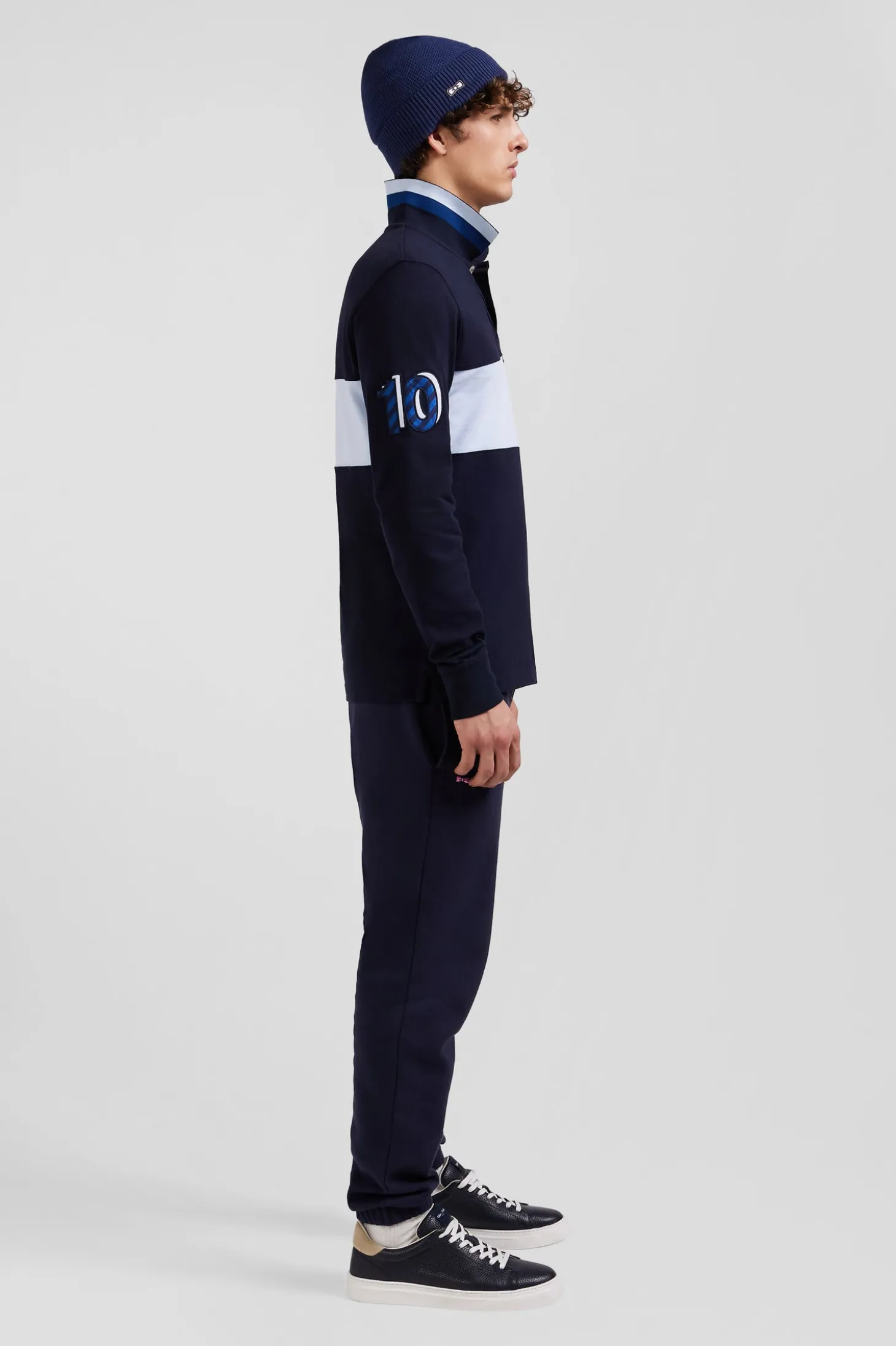 Polo manches longues en piqué coton ciel broderie 10 manche coupe Regular