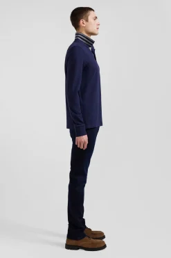 Polo manches longues en piqué coton bleu marine