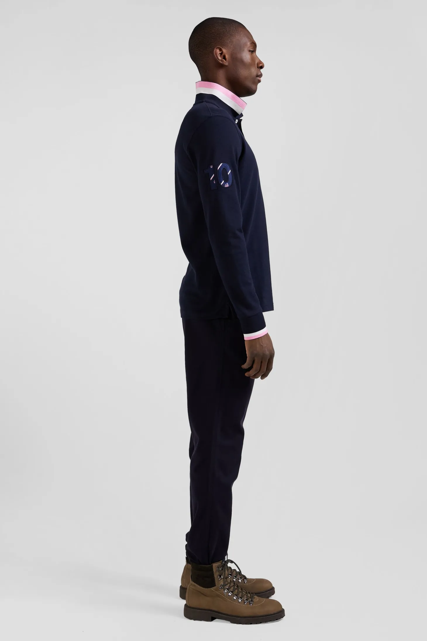 Polo manches longues en piqué coton bleu marine broderie XV de France coupe Regular