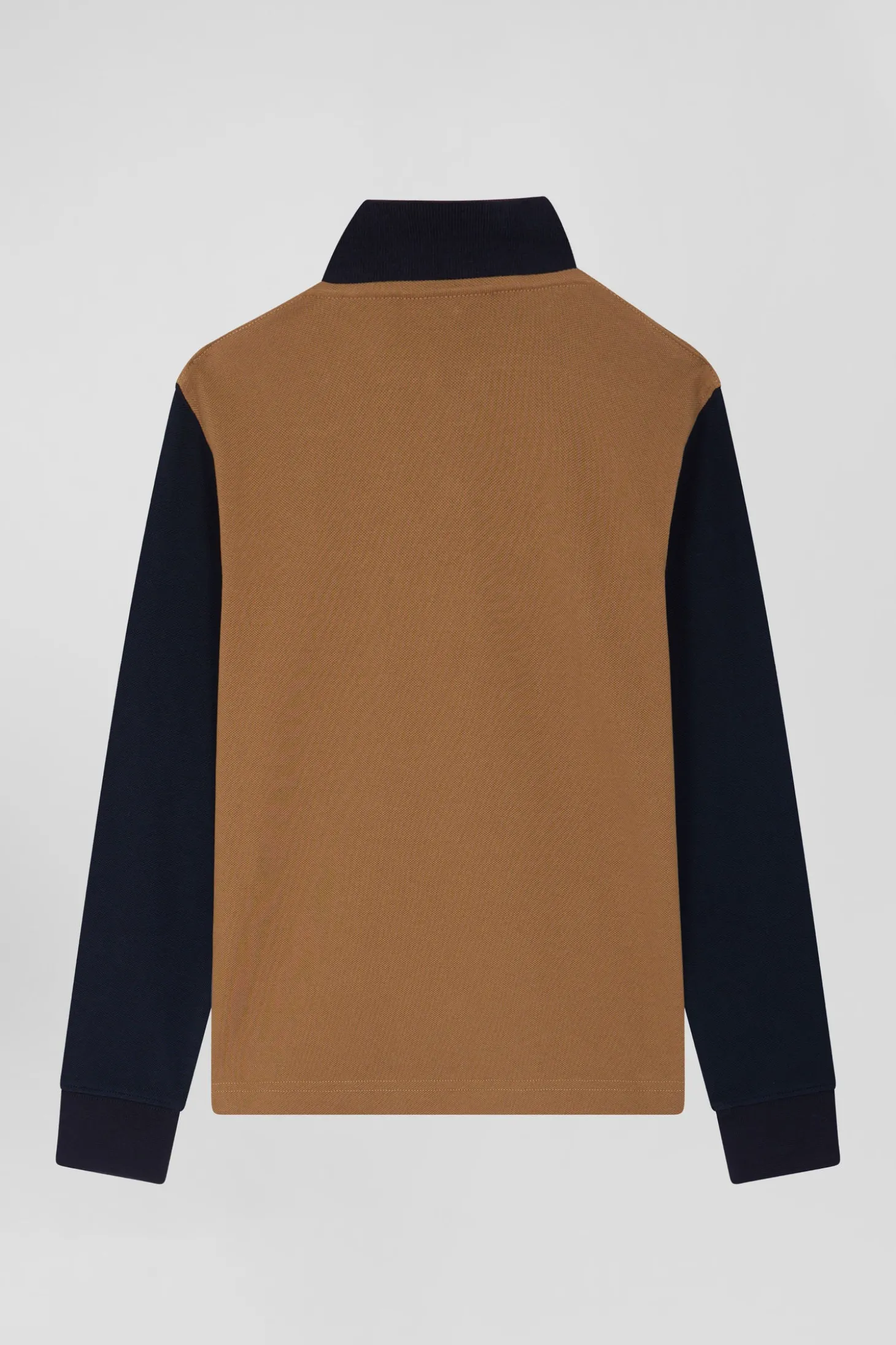 Polo manches longues en piqué coton camel col tricolore jacquard Eden Park coupe Regular