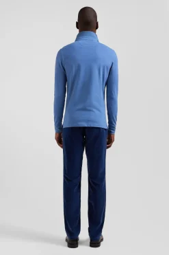 Polo manches longues en piqué coton bleu coupe Slim