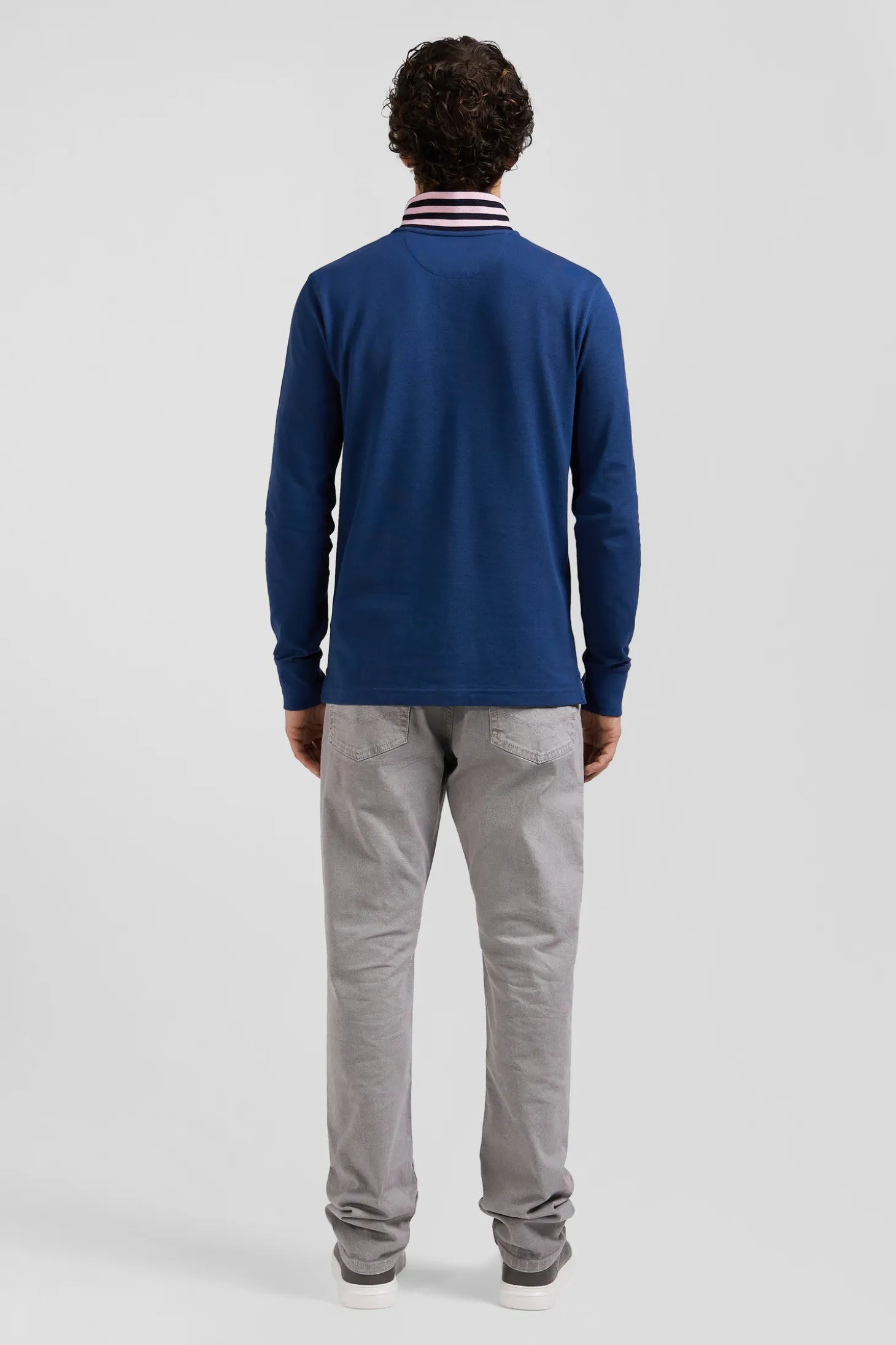Polo manches longues en piqué coton bleu foncé col cerclé coupe Regular