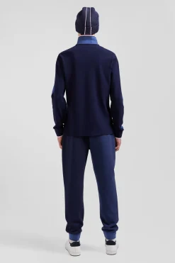 Polo manches longues en piqué coton bleu foncé détails tricolores coupe Regular